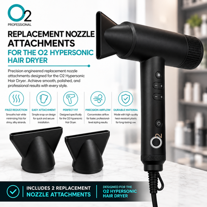 Black O2 Hypersonic hair dryer with a concentrator nozzle fitted, beside two replacement nozzles and feature icons.