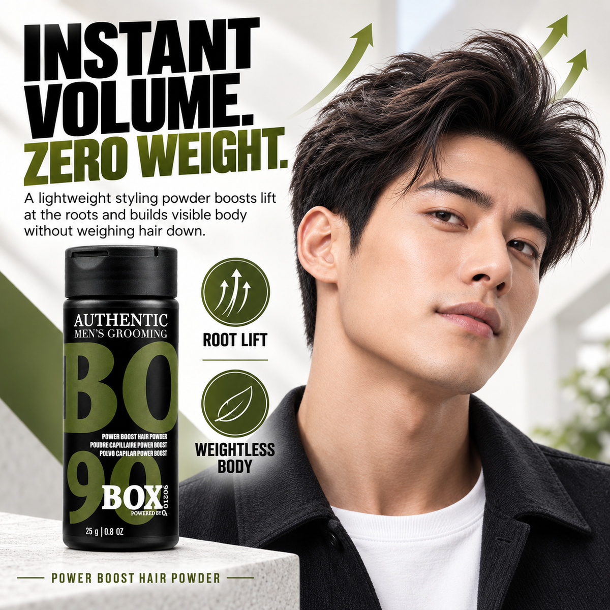Man with lifted, swept-back dark hair beside a BOX90210 Power Boost Hair Powder bottle, with upward arrows and root-lift and weightless-body callouts.