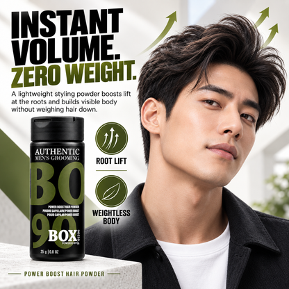 Man with lifted, swept-back dark hair beside a BOX90210 Power Boost Hair Powder bottle, with upward arrows and root-lift and weightless-body callouts.