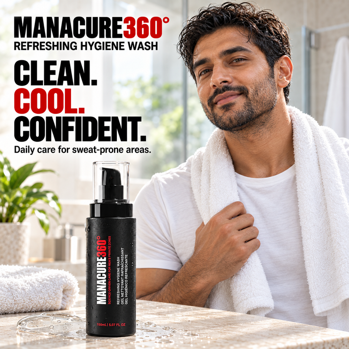 MANACURE360 Refreshing Hygiene Wash bottle beside clear gel on a wet stone counter, with a man in a white shirt holding a towel around his shoulders behind it.