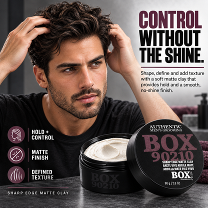 Man shaping his wavy hair beside an open BOX90210 Sharp Edge Matte Clay jar and lid, with hold-and-control, matte-finish and defined-texture callouts.
