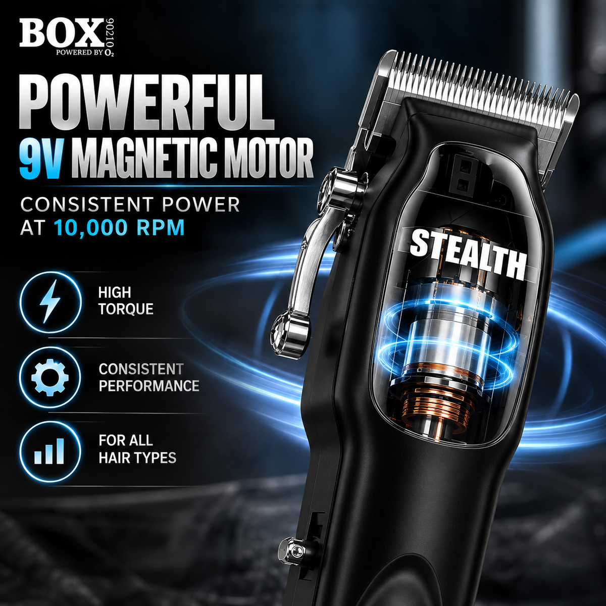 BOX90210 STEALTH clipper graphic showing a cutaway motor with blue light effects, labeled 9V magnetic motor and 10,000 RPM.