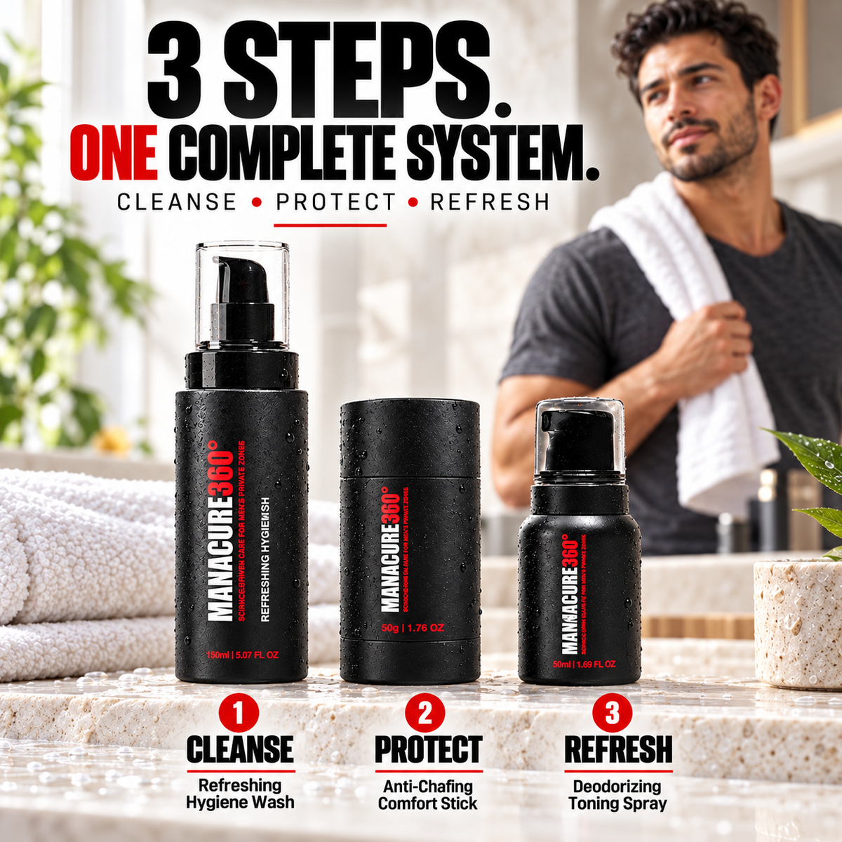 MANACURE360 Refreshing Hygiene Wash, Anti-Chafing Comfort Stick and Deodorizing Toning Spray on a stone counter, with cleanse, protect and refresh labels and a man holding a towel behind them.