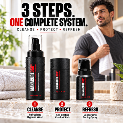 MANACURE360 Refreshing Hygiene Wash, Anti-Chafing Comfort Stick and Deodorizing Toning Spray on a stone counter, with cleanse, protect and refresh labels and a man holding a towel behind them.