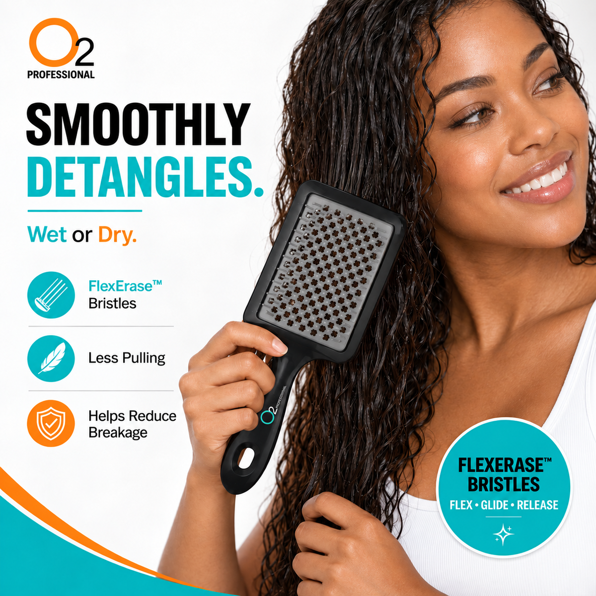 Woman brushing her long wet dark hair with a black O2 Tangle Eraser brush with a gray bristle pad, beside feature icons.