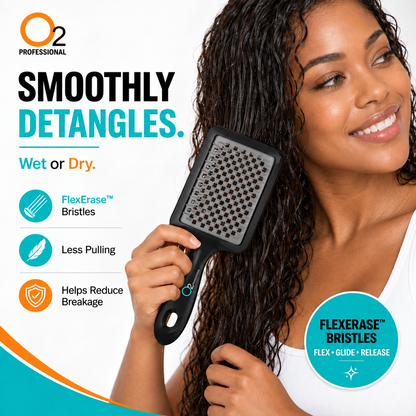 Woman brushing her long wet dark hair with a black O2 Tangle Eraser brush with a gray bristle pad, beside feature icons.