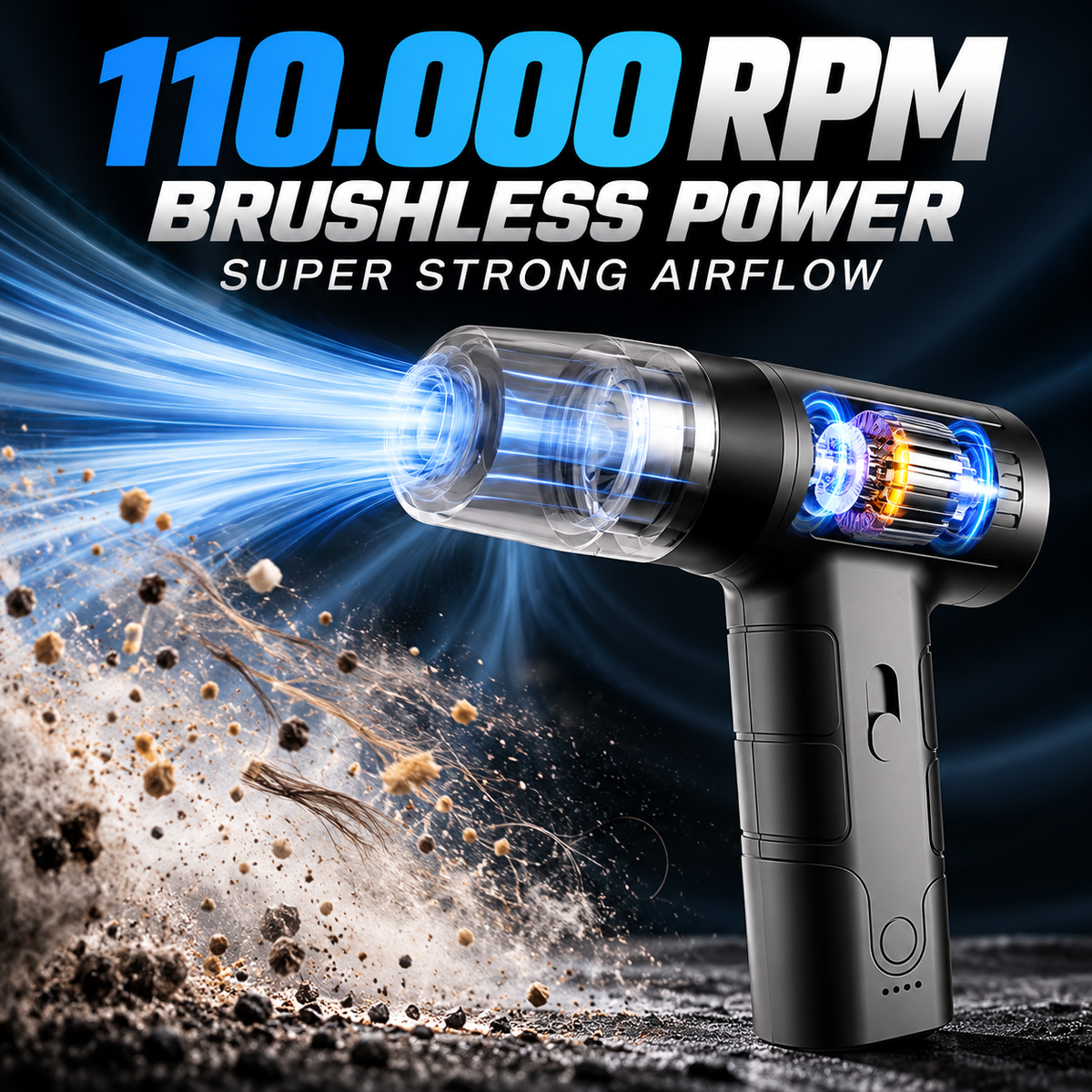 BOX90210 VELOCITY graphic showing a cutaway brushless motor and blue airflow blowing away debris, labeled 110,000 RPM.