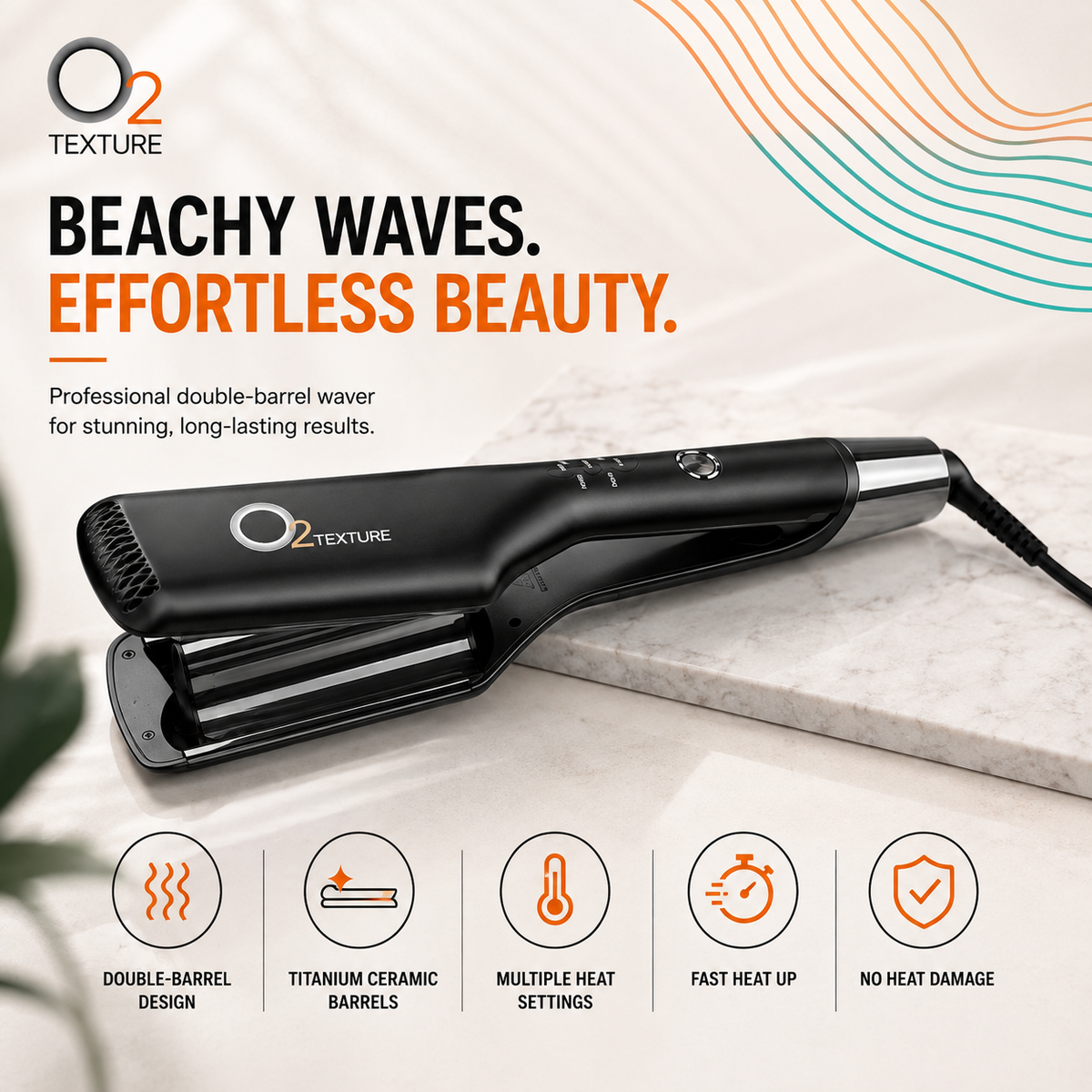 Black O2TEXTURE Double Waver shown open on a pale stone surface, with icons highlighting its barrels and heat settings.