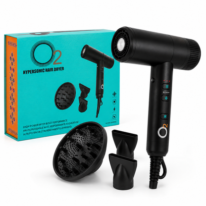 Black O2 Hypersonic Hair Dryer beside its turquoise box, diffuser and two concentrator nozzles.