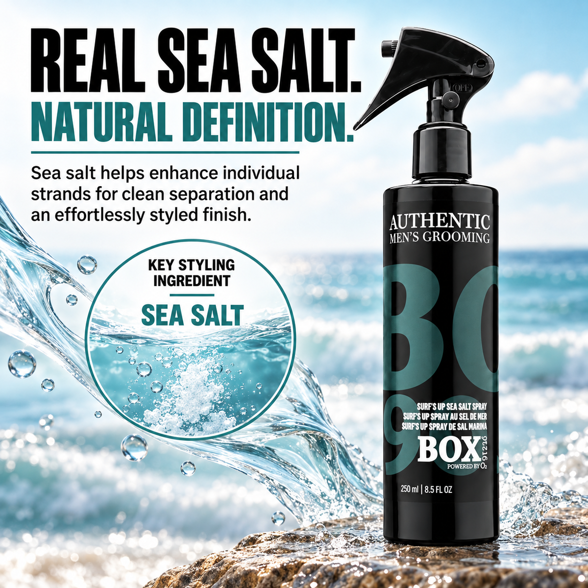 BOX90210 Surf’s Up Sea Salt Spray bottle on a wet rock beside splashing water, an ocean backdrop and a circular sea salt ingredient callout.