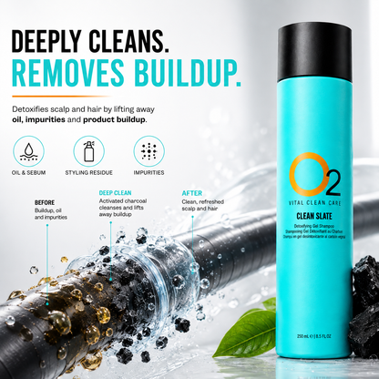 O2 CLEAN SLATE shampoo beside a hair-cleansing diagram illustrating removal of oil, styling residue, and impurities.