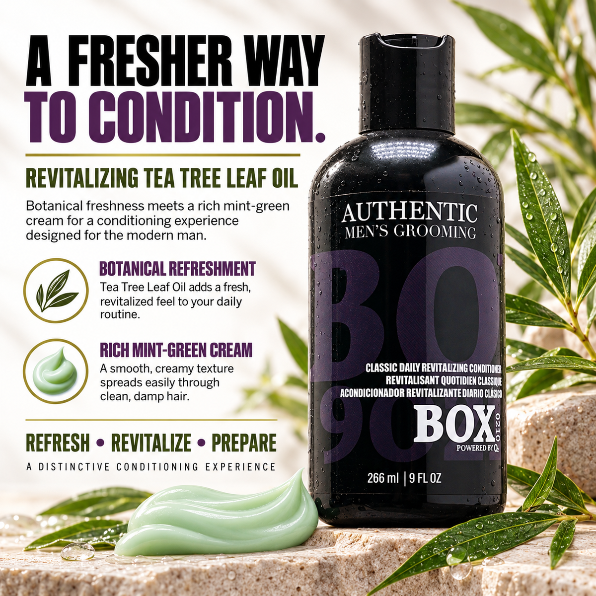 BOX90210 Classic Daily Revitalizing Conditioner bottle beside green leaves and mint-green cream, with tea tree leaf oil and cream-texture callouts.