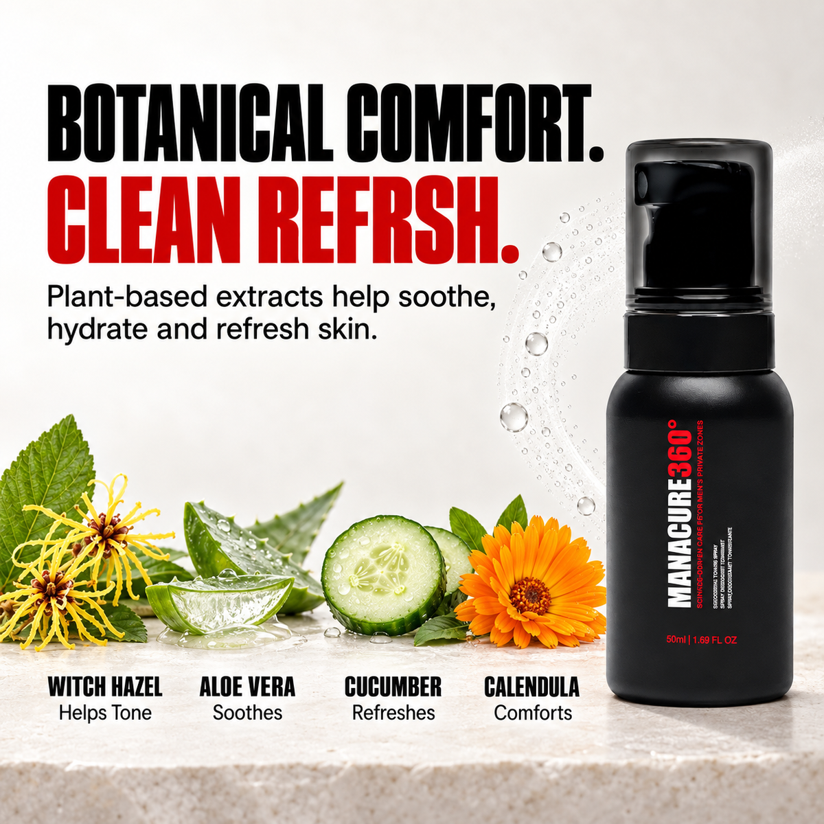 MANACURE360 Deodorizing Toning Spray bottle beside witch hazel, aloe vera, cucumber and calendula illustrations with ingredient callouts on a light stone surface.