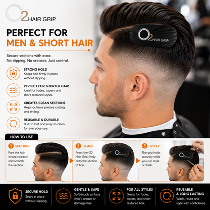 Man with a fade haircut wearing a black O2 Hair Grip above his side part, with three diagrams showing sectioning, placement, and styling.