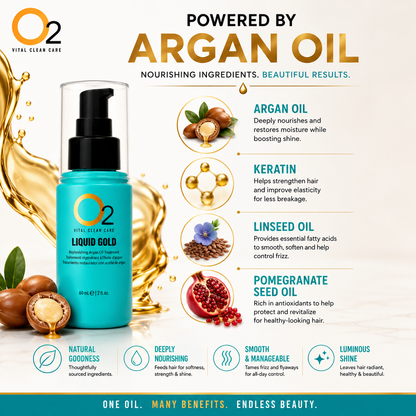 O2 LIQUID GOLD treatment beside an ingredient graphic highlighting argan oil, keratin, linseed oil, and pomegranate seed oil.