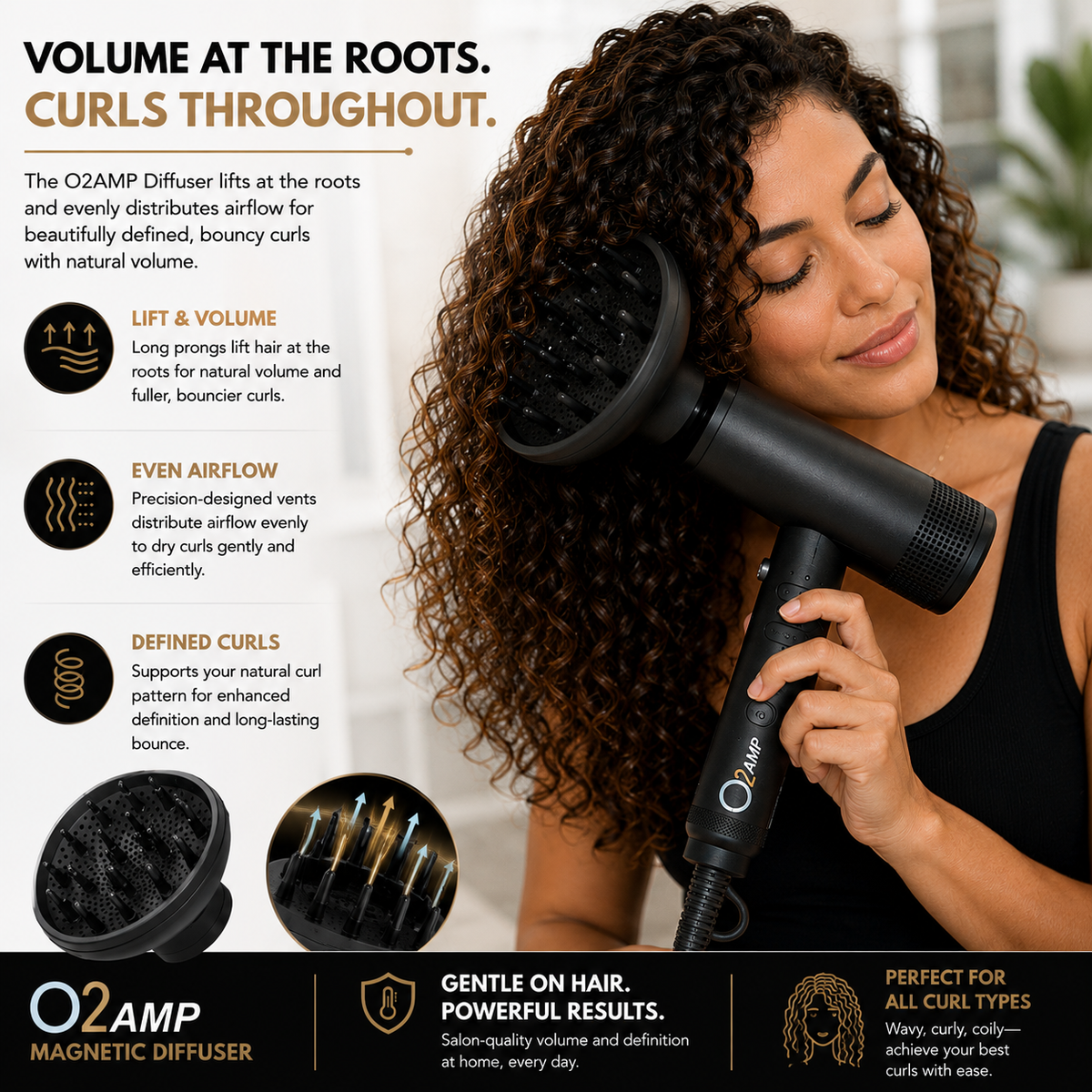 Woman using an O2AMP dryer with a diffuser on her brown curls, with inset views of the diffuser and airflow through its prongs.