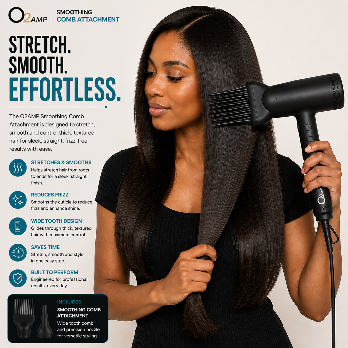 Woman using a black O2AMP dryer with a smoothing comb attachment on a section of her long, straight black hair.