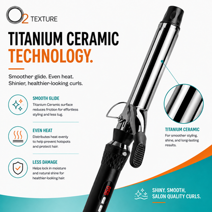 O2TEXTURE interchangeable curling iron with a close-up of its titanium ceramic barrel and styling feature icons.