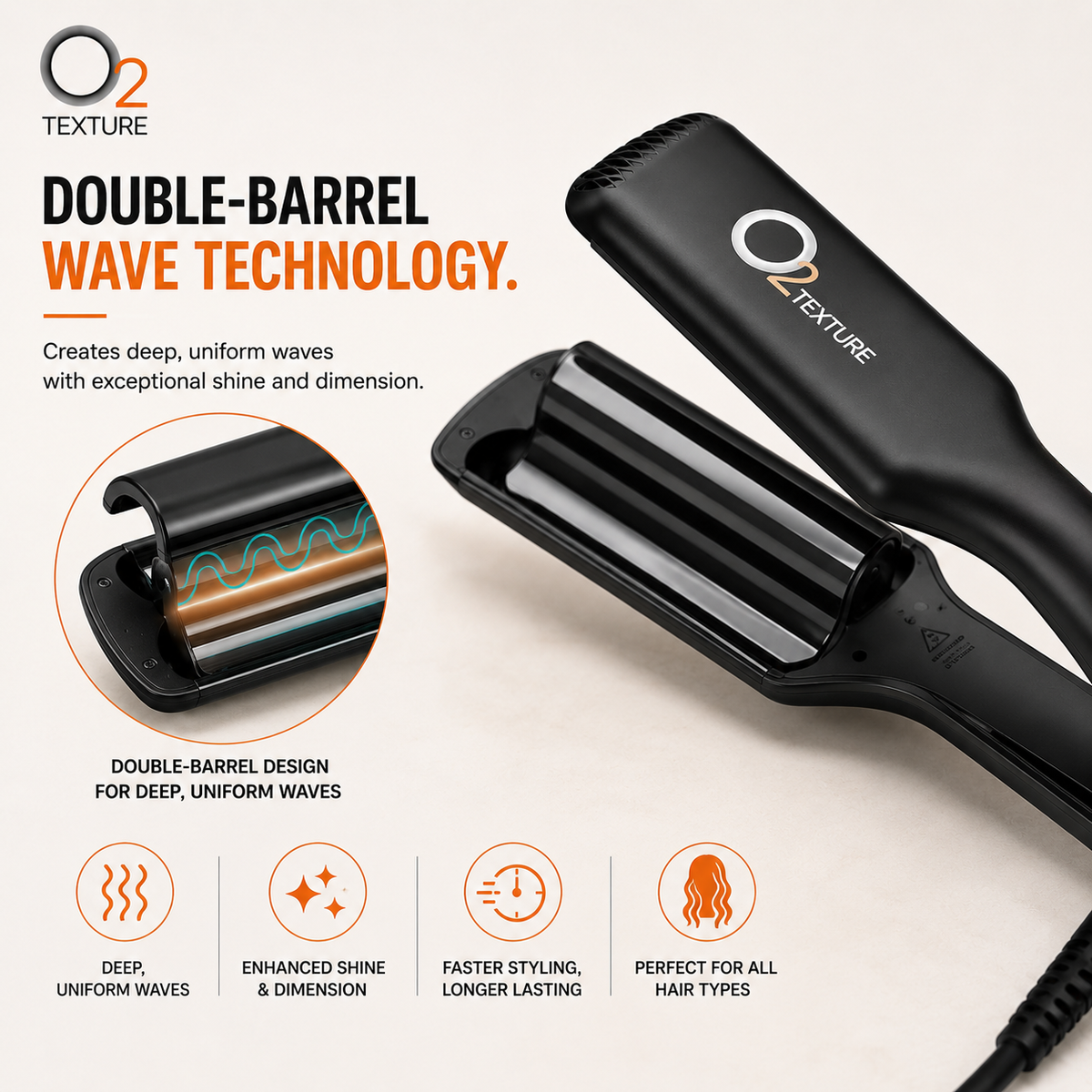 O2TEXTURE Double Waver shown open with a close-up of its double-barrel design and an illustrated wave pattern.