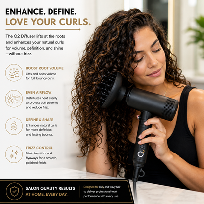 Woman holding a black O2 Hypersonic dryer with a diffuser against her long brown curls, beside styling feature icons.