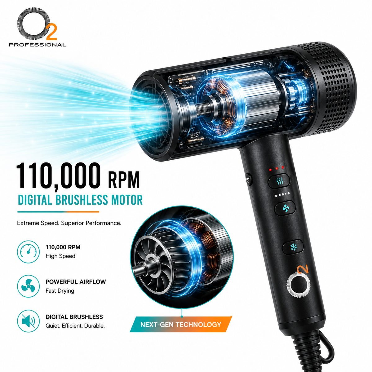 A black O2 Professional digital hair dryer with a transparent head showing glowing blue internal airflow and motor details, alongside marketing text for 110,000 RPM brushless motor performance on a white background.