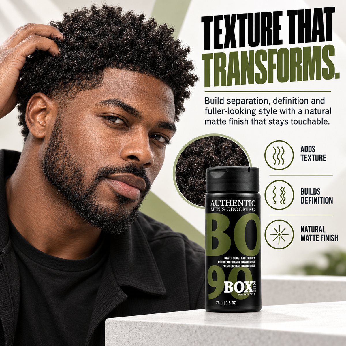Man touching his short coily hair beside a BOX90210 Power Boost Hair Powder bottle and a circular hair close-up, with texture, definition and natural matte-finish callouts.