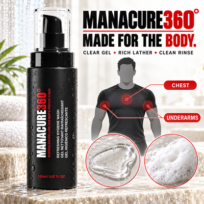 MANACURE360 Refreshing Hygiene Wash bottle beside a body diagram highlighting the chest and underarms, with close-ups of clear gel and foamy lather on a wet stone surface.