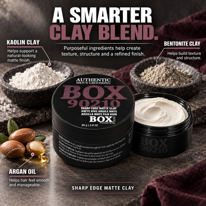 Closed and open BOX90210 Sharp Edge Matte Clay jars beside bowls of powder and argan nuts with oil, with kaolin clay, bentonite clay and argan oil callouts.