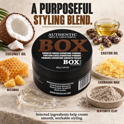 BOX90210 Smooth Finish Signature Pomade jar surrounded by ingredient displays labeled coconut oil, castor oil, beeswax, carnauba wax and bentonite clay.