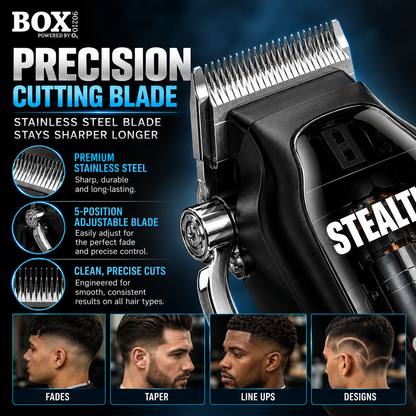 BOX90210 STEALTH clipper blade and adjustment lever close-up, with example panels showing fades, tapers, lineups and hair designs.