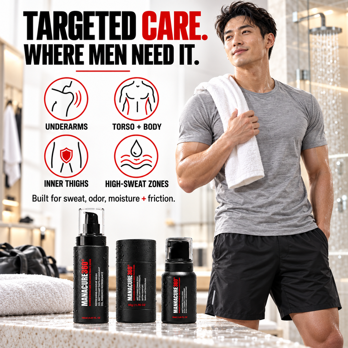 Three MANACURE360 care products on a stone counter beside a man in workout clothes holding a towel, with underarm, torso, inner-thigh and high-sweat-zone callouts.