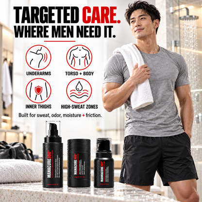 Three MANACURE360 care products on a stone counter beside a man in workout clothes holding a towel, with underarm, torso, inner-thigh and high-sweat-zone callouts.