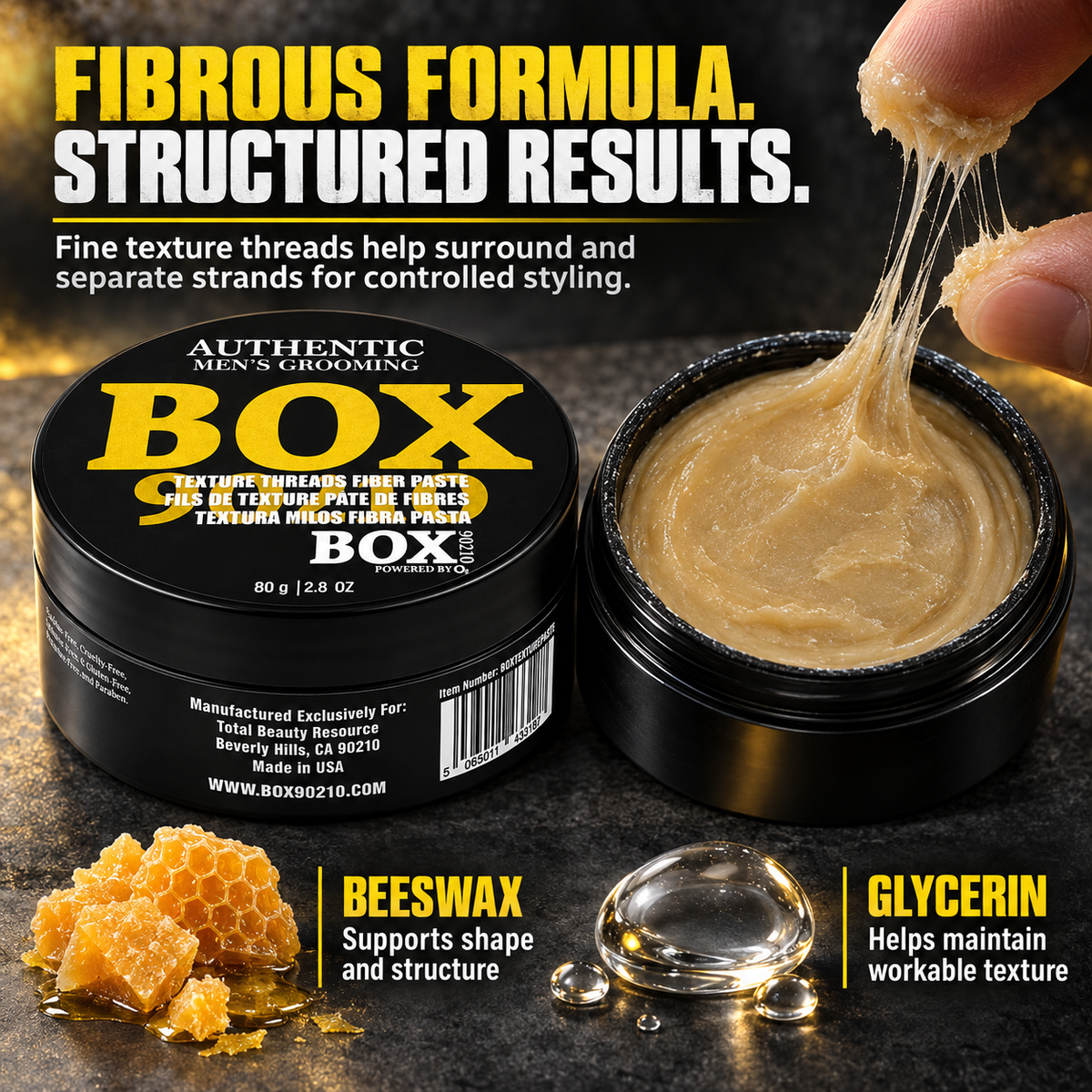 Closed and open BOX90210 Texture Threads Fiber Paste jars with paste stretched between fingertips, beside honeycomb and clear droplets labeled beeswax and glycerin.