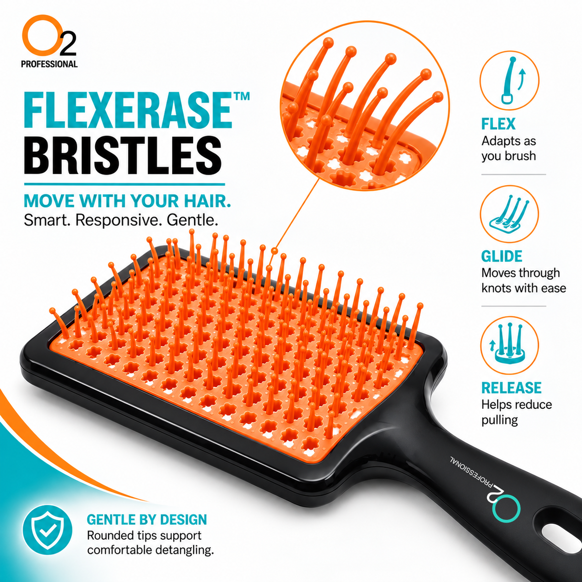 Black O2 Tangle Eraser brush with an orange vented pad and rounded bristles, with a magnified view showing the bristles bending.

