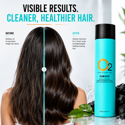 O2 CLEAN SLATE shampoo beside a before-and-after graphic comparing dull, textured brown hair with smoother, shinier hair.
