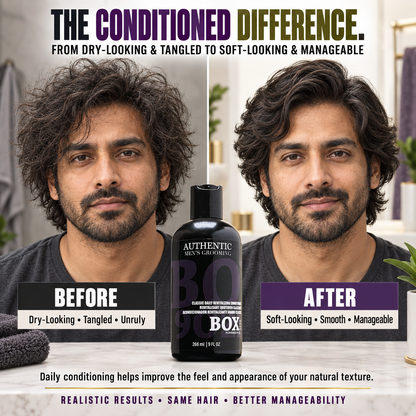 BOX90210 Classic Daily Revitalizing Conditioner bottle between before-and-after portraits of a man with tousled hair on the left and smoother, swept-back hair on the right.