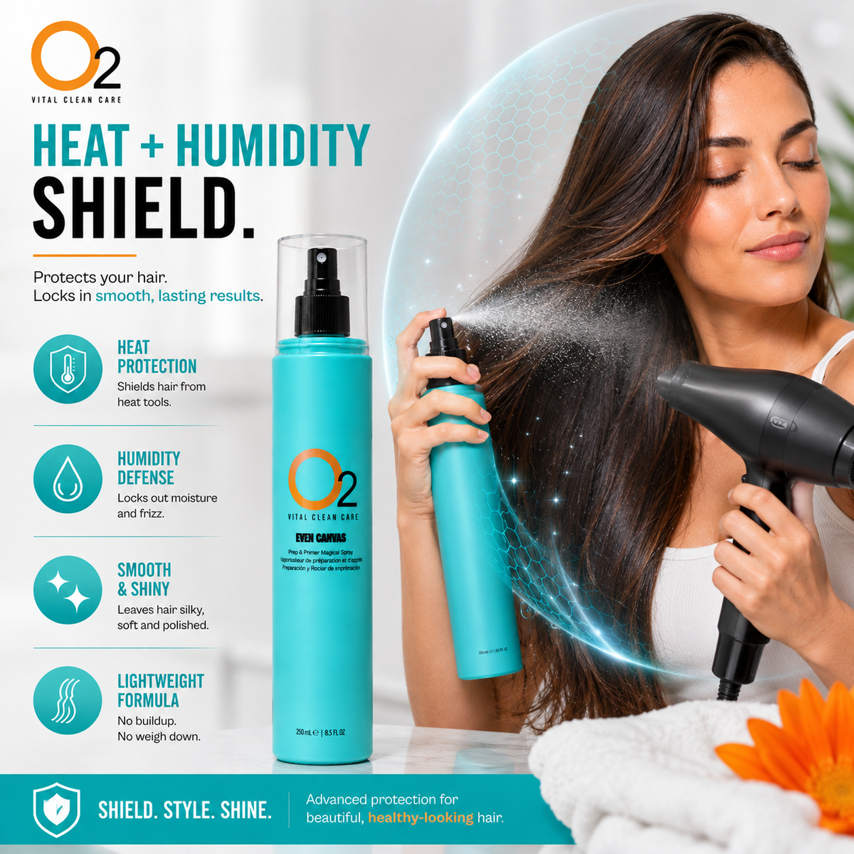 Woman applying O2 EVEN CANVAS spray while holding a hair dryer, beside a graphic highlighting heat and humidity protection.