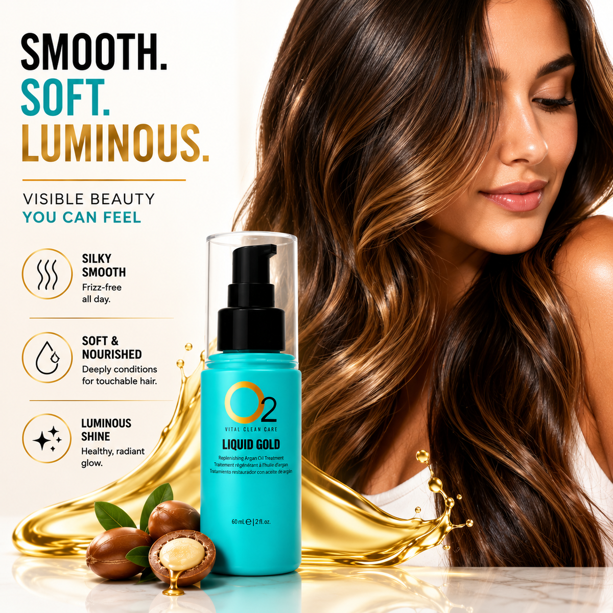 Woman with shiny brown waves beside O2 LIQUID GOLD argan oil treatment, argan nuts, and a golden oil splash.