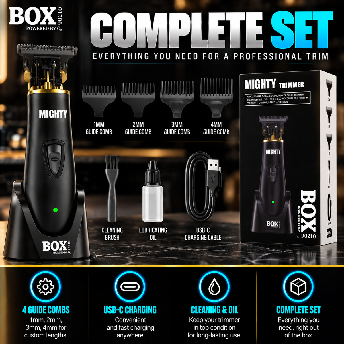 BOX90210 MIGHTY trimmer set with charging stand, four guide combs, cleaning brush, lubricating oil, USB-C cable and retail box.