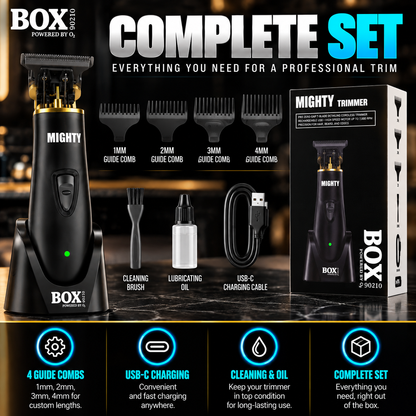BOX90210 MIGHTY trimmer set with charging stand, four guide combs, cleaning brush, lubricating oil, USB-C cable and retail box.