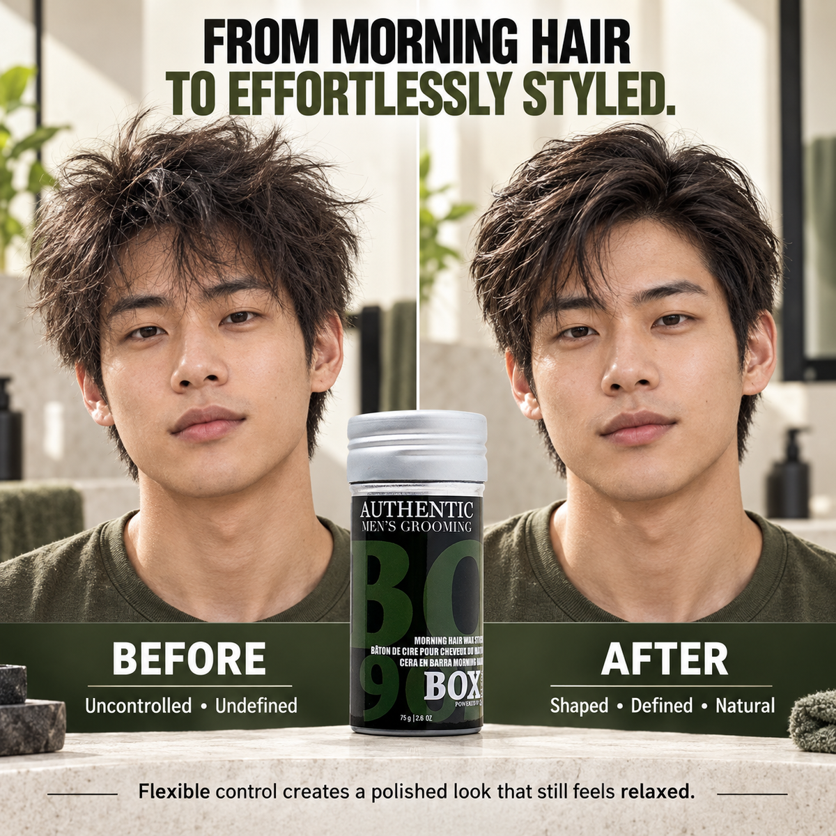 BOX90210 Morning Hair Wax Stick between before-and-after portraits of a man with messy, spiked hair on the left and smoother, shaped hair on the right.