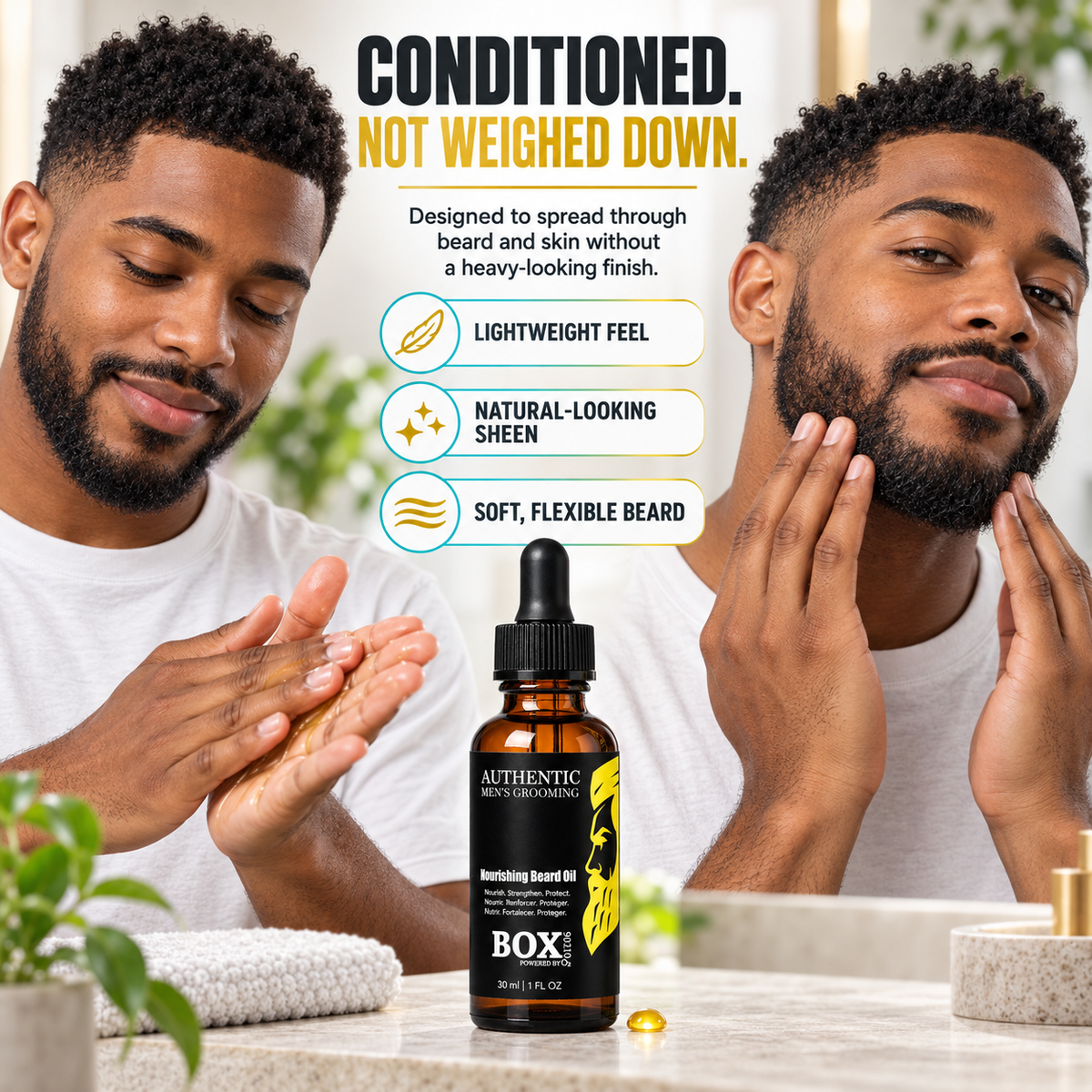 Two panels showing a man rubbing oil between his palms, then applying it to his beard, with a BOX90210 Nourishing Beard Oil bottle and lightweight-feel, sheen and softness callouts.