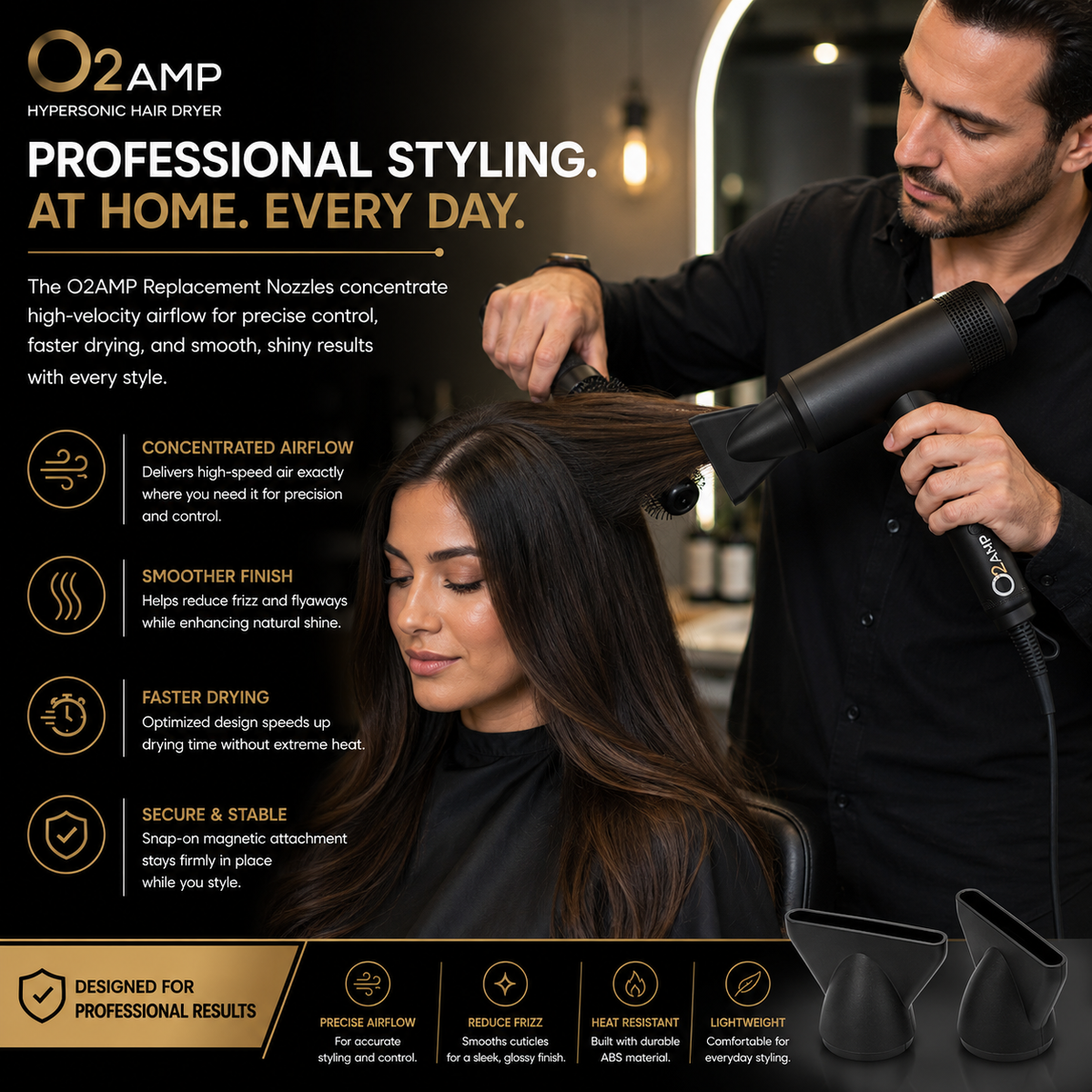 Stylist using an O2AMP Hypersonic dryer with a concentrator nozzle and round brush on a woman's brown hair, with two nozzles below.