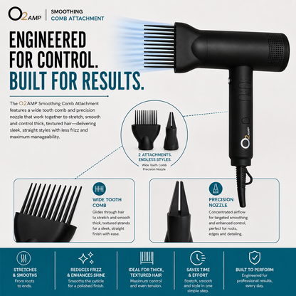 Black O2AMP dryer fitted with a smoothing comb, with blue airflow lines and close-ups of the wide-tooth comb and precision nozzle.