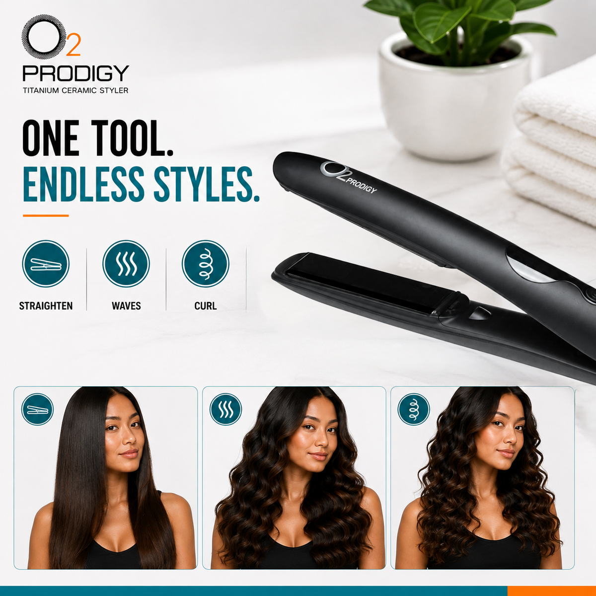 “O2PRODIGY Titanium Ceramic Styler with examples of straight hair, waves and curls.”