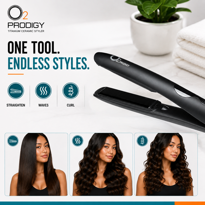 “O2PRODIGY Titanium Ceramic Styler with examples of straight hair, waves and curls.”