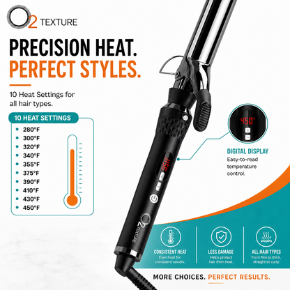 O2TEXTURE curling iron heat guide showing 10 temperature settings from 280°F to 450°F and a digital display close-up