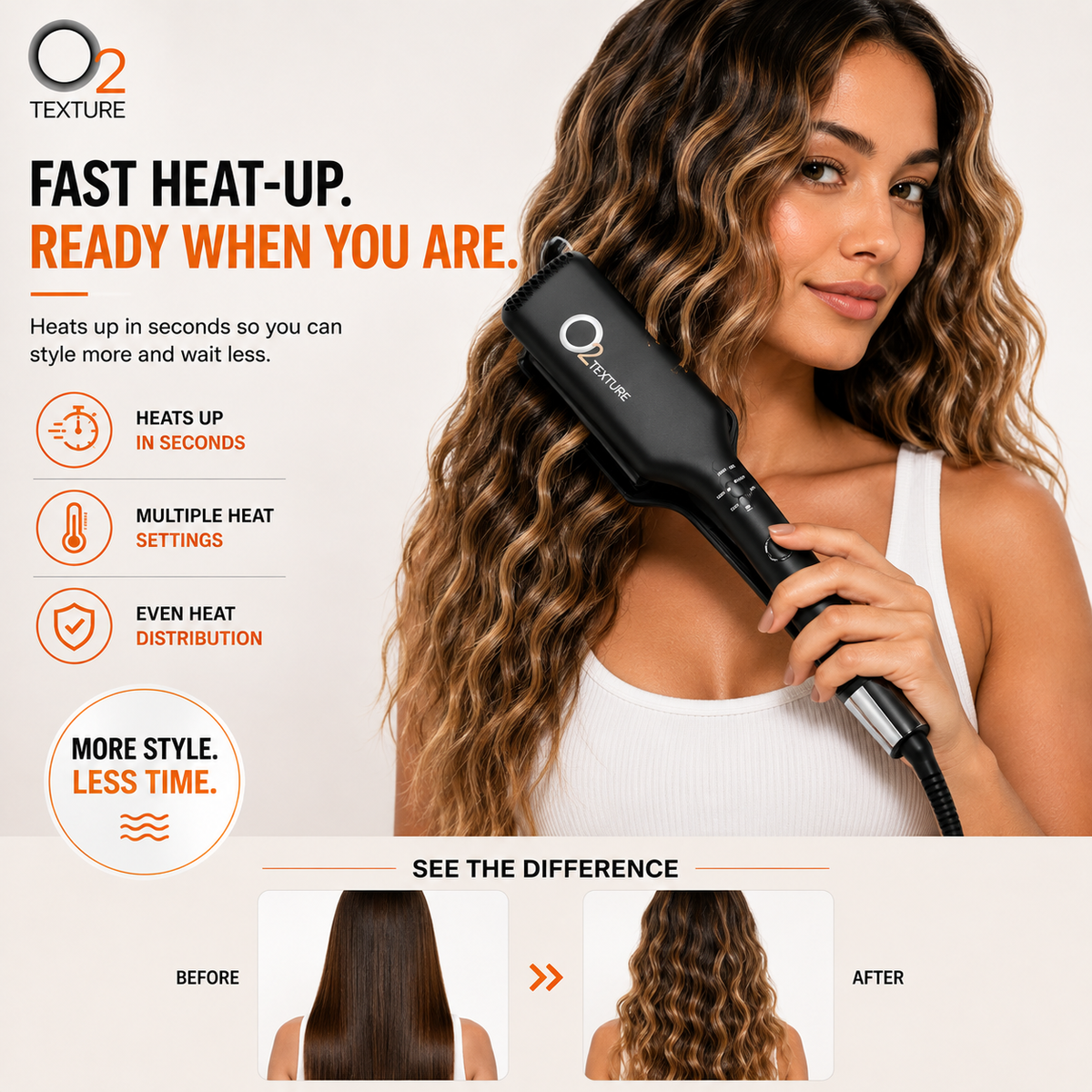 Woman styling long hair with the O2TEXTURE Double Waver, with before-and-after photos showing straight hair and beachy waves.
