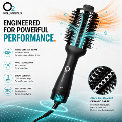 O2VOLUMINOUS dryer brush with turquoise and orange airflow graphics, a barrel close-up and icons for heat settings and swivel cord.