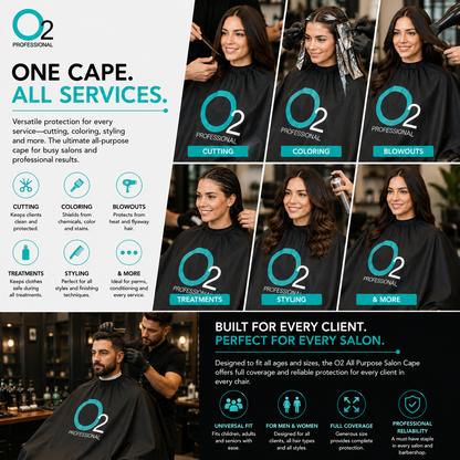 Collage of a woman wearing an O2 salon cape during cutting, coloring, blowouts, treatments, and styling, with a man's haircut below.